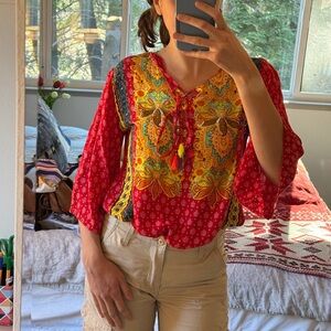 Red and Yellow Bohemian Long Sleeve Dress